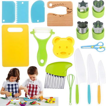 Kindermessen, 17-delige kinderkookset, leren snijden voor peuters, inclusief snijplank, golfsnijder, Y dunschiller enz., Montessori keukengerei