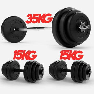 Halterstang met dumbellset 35 kg en 2x 15 kg totaal 65 kg