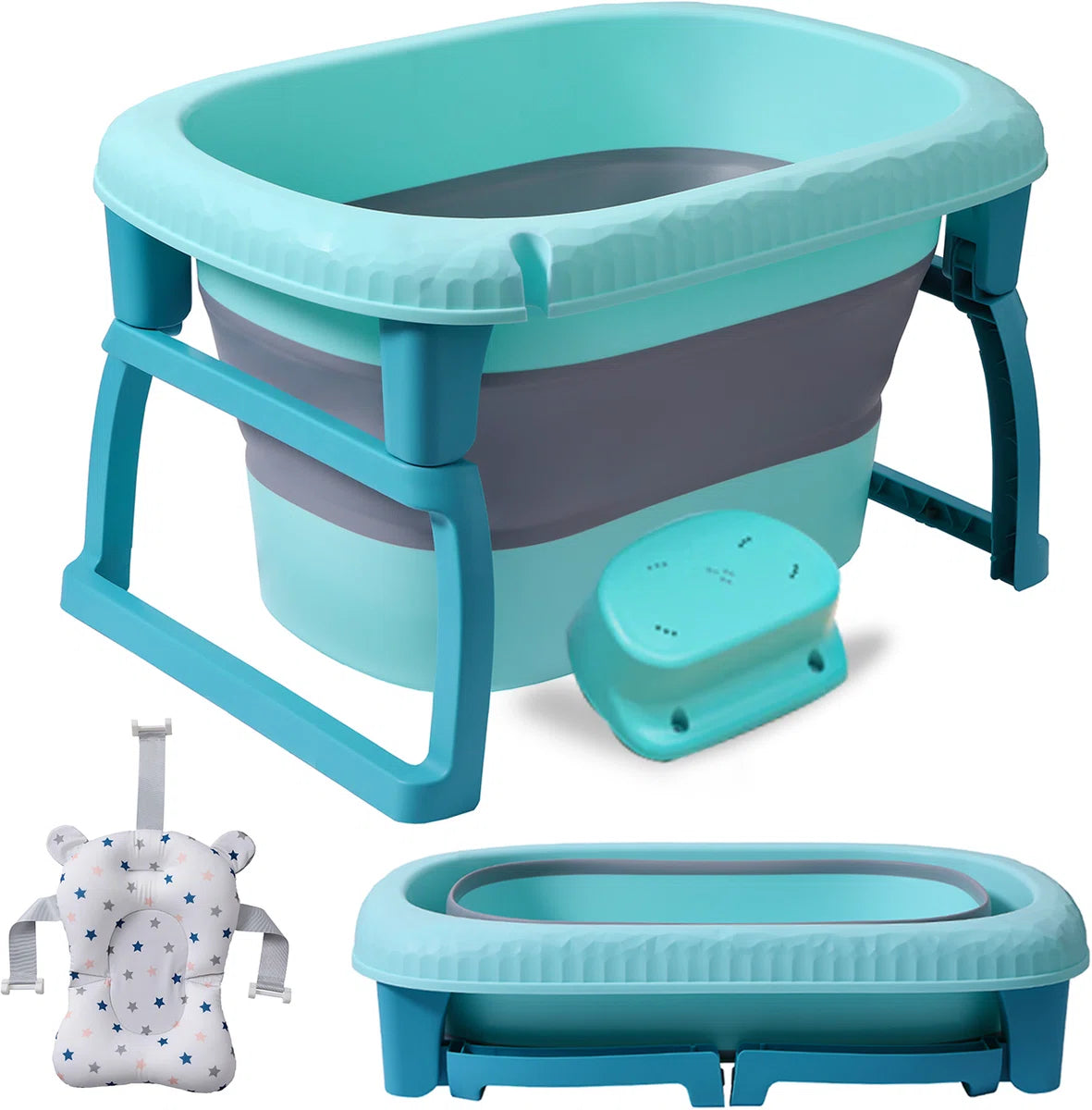 Babybadje Opvouwbaar - 4 in 1 - Opbergmand - Inclusief badkussen - Antibacterieel Baby badje - Met badkruk - Zitbad - Bath bucket - Groente