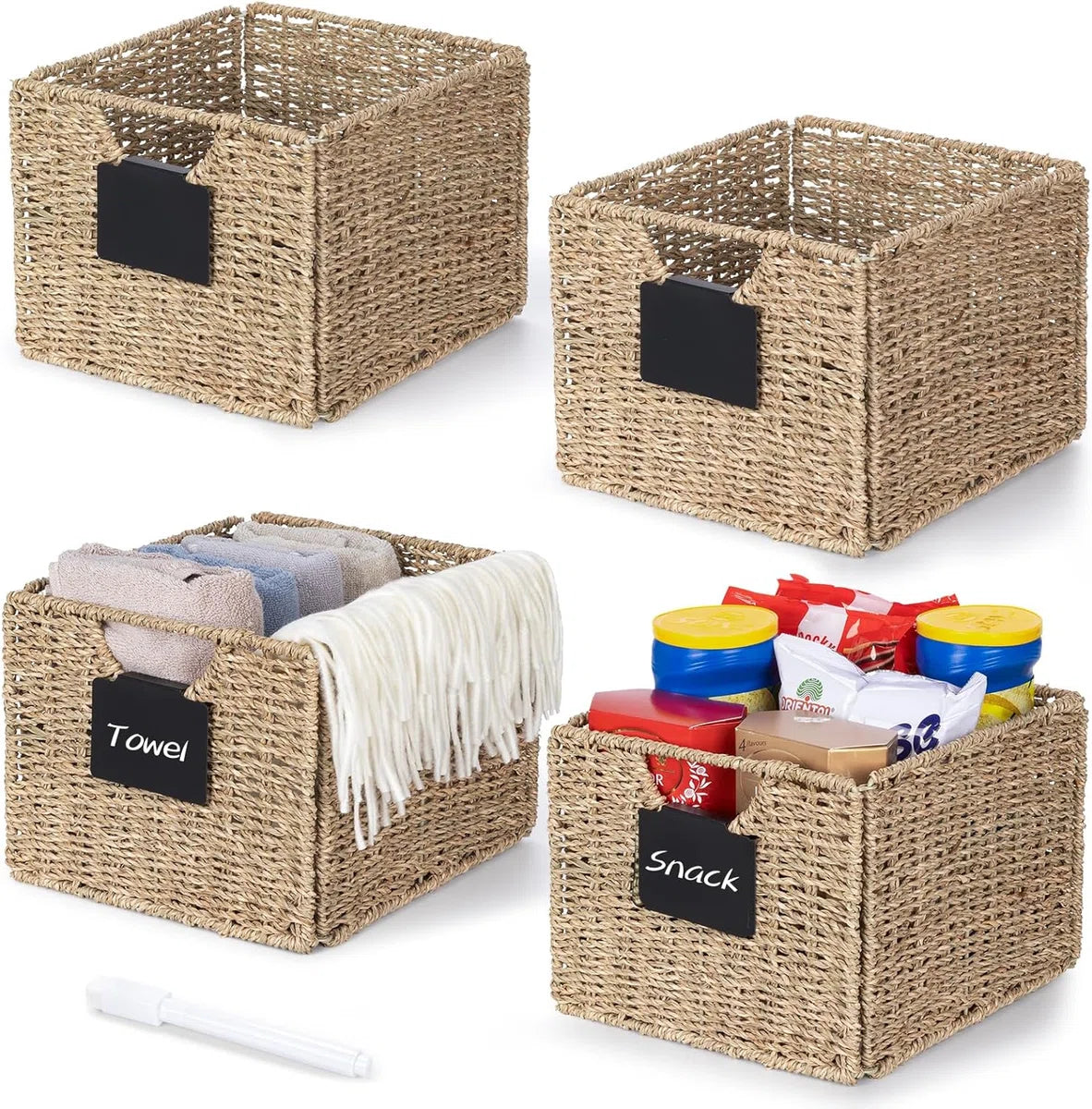 Set van 4 rechthoekige opbergmanden van zeegras, inklapbare mand, rieten mand, plankdoos, opbergdoos, natuurlijke mand, rieten manden, organizer voor badkamer, woonkamer, 26,5 x 24 x 19 cm.