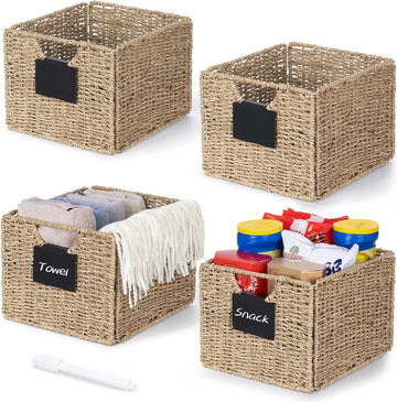 Set van 4 rechthoekige opbergmanden van zeegras, inklapbare mand, rieten mand, plankdoos, opbergdoos, natuurlijke mand, rieten manden, organizer voor badkamer, woonkamer, 26,5 x 24 x 19 cm.