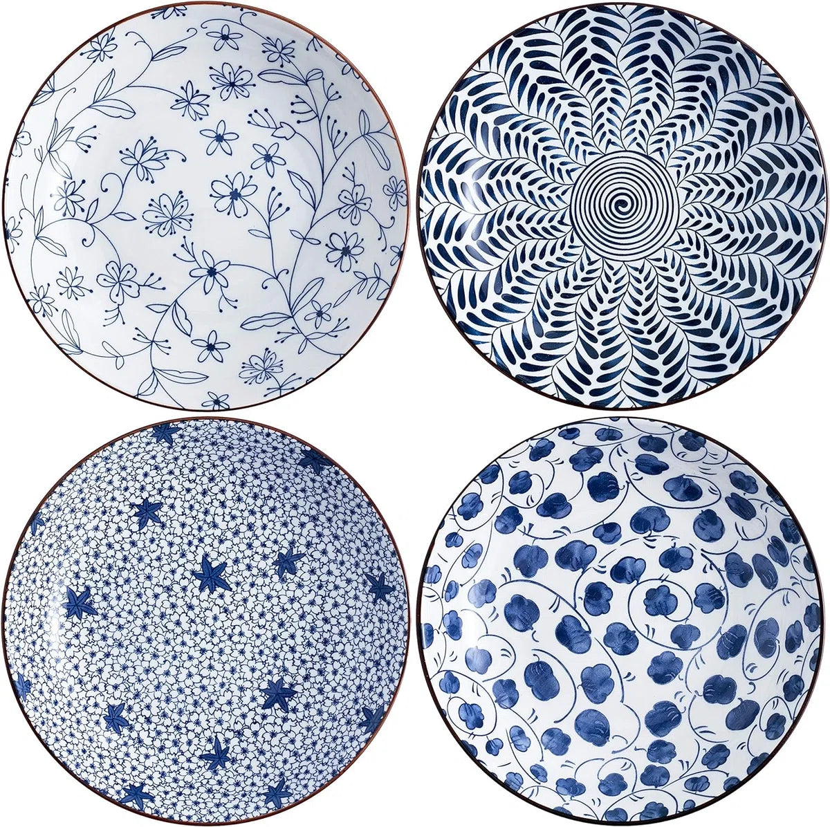 Keramische pastabordenset van 4, blauw en wit porselein 20 cm saladeschalen, diner platte borden, serveerschaal voor hapjes, salade, dessert en snacks (20 cm)